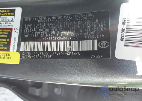 2010 Toyota Camry Le из США, поврежденный, VIN 4T4BF3EK8AR034573